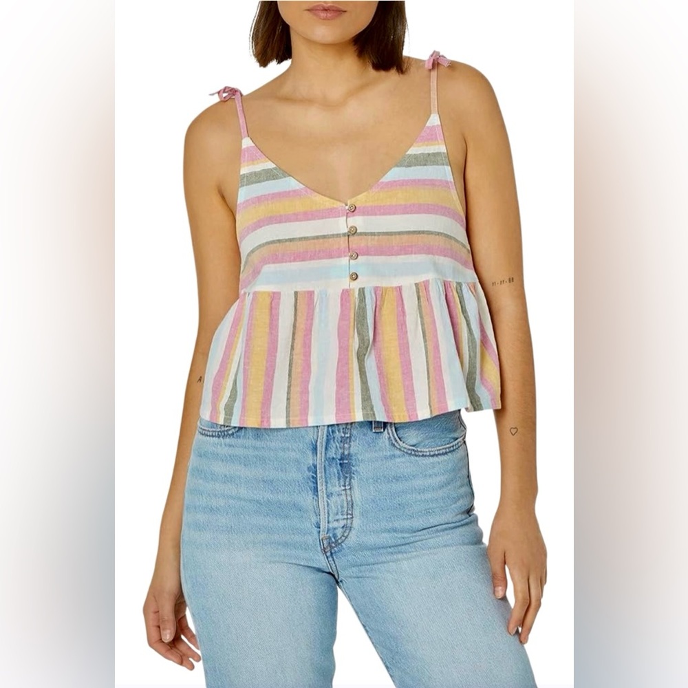 💛NWT! ROXY! “OPEN EYES” STRIPE FLOWY TANK! LINEN BLEND! ADJUSTABLE! - Picture 16 of 16